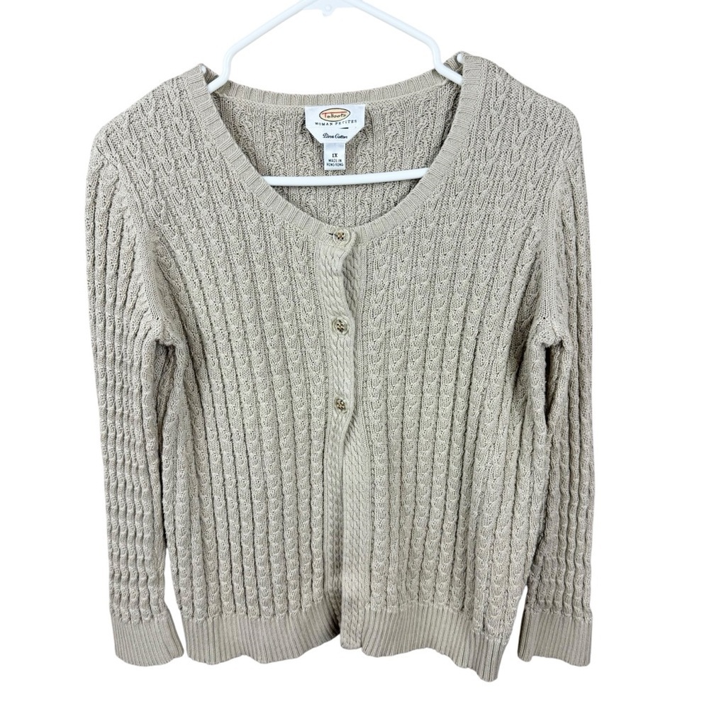 Talbots Woman Petites 1X 1990s Beige Tan Pima Cotton Cable Knit Button Cardigan